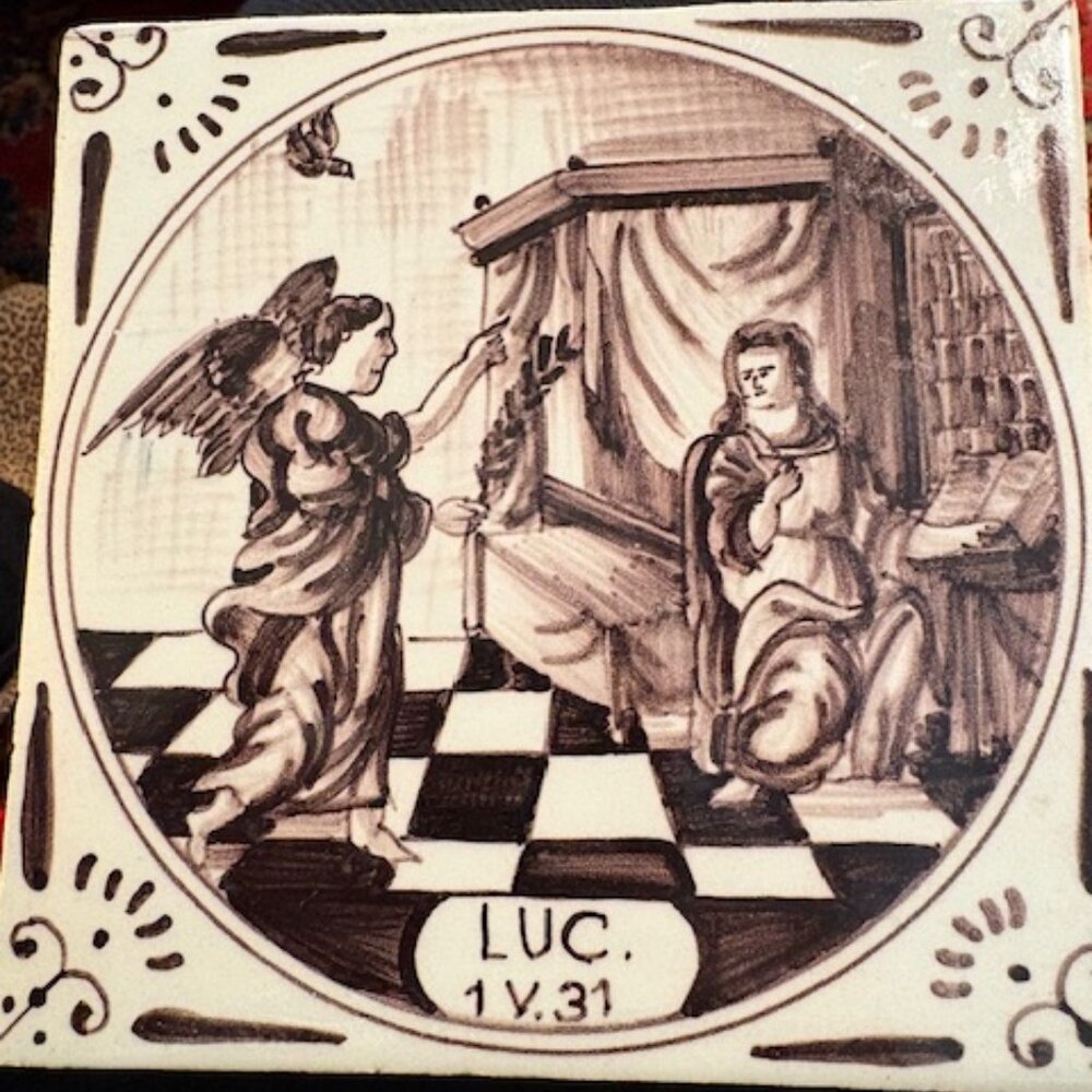 Antique Rare 18th Century Biblical Dutch Delft Manganese Angel Tile Luke 1: 31